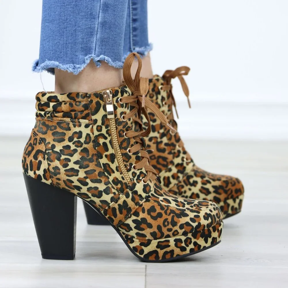 Leopard Platform Ankle Boots High Heel Leopard Faux Suede Lace-Up Block - Picture 4 of 12